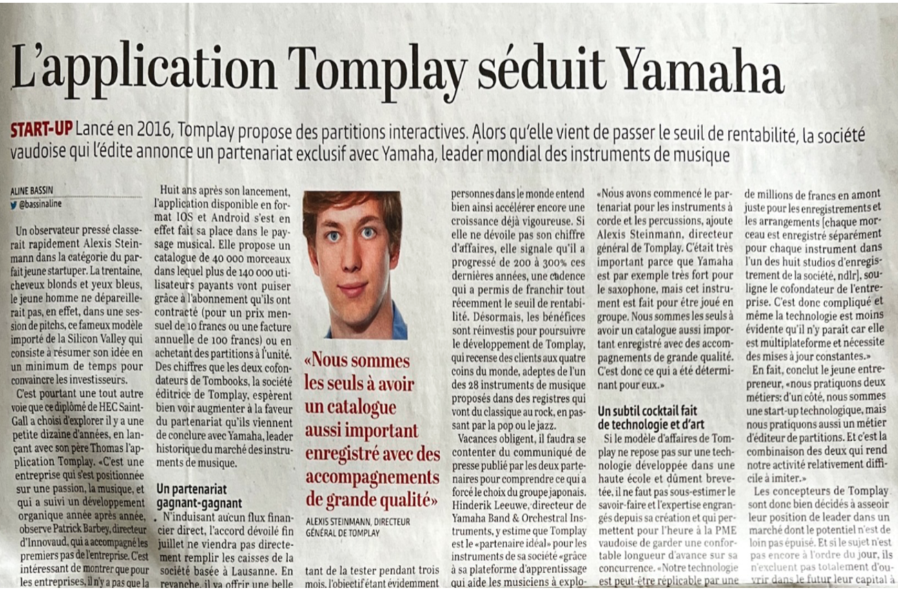 Le Temps - L'application Tomplay séduit Yamaha